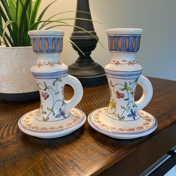 Lis Ceramica set of 2 hand painted floral ceramic candlestick holders Brazil - Picture 1 of 9